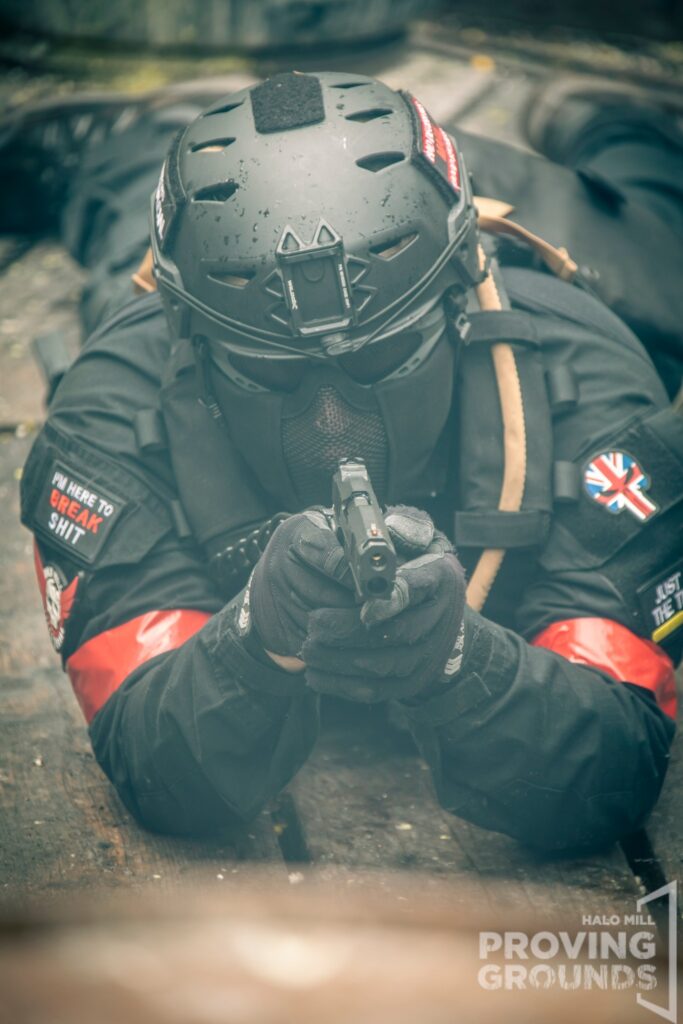 Halo Mill Proving Grounds Airsoft event at Yorkshire Outdoor Activity Park, player with a pistol