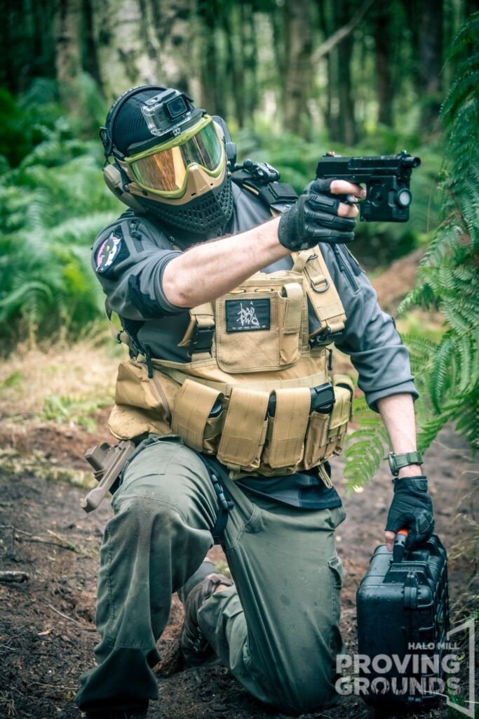 Halo Mill Proving Grounds Airsoft event at Yorkshire Outdoor Activity Park, player wearing correct eye protection