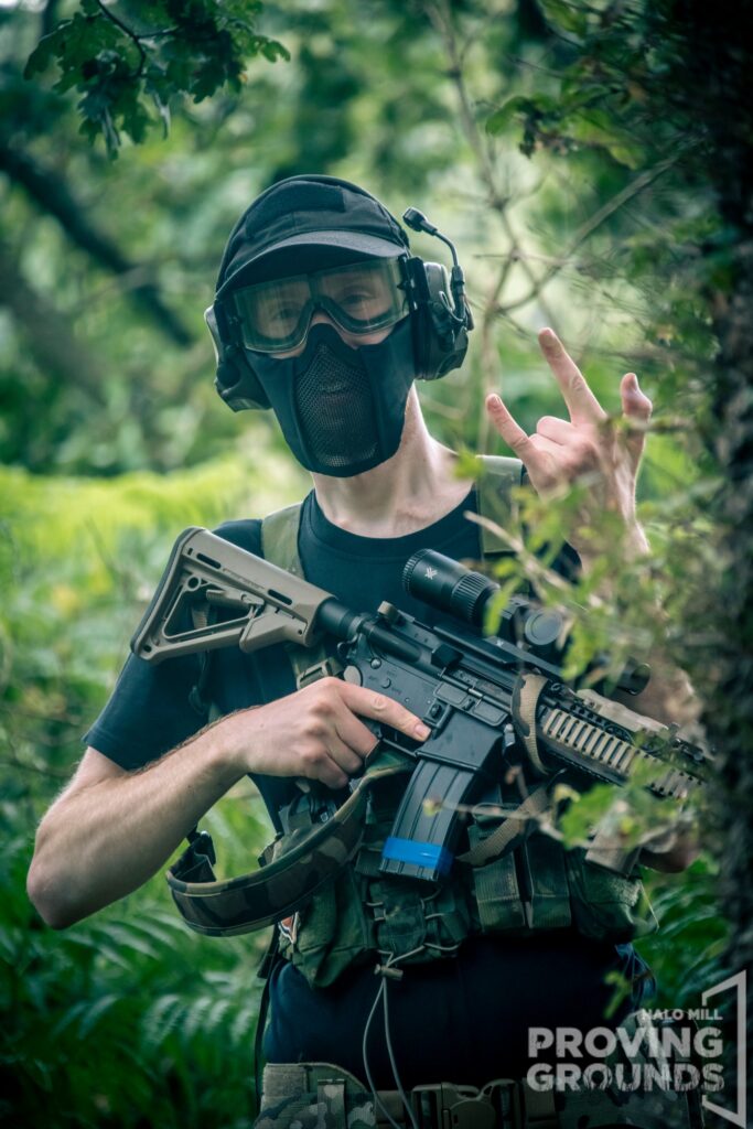 Halo Mill Proving Grounds Airsoft event at Yorkshire Outdoor Activity Park, player with a big smile