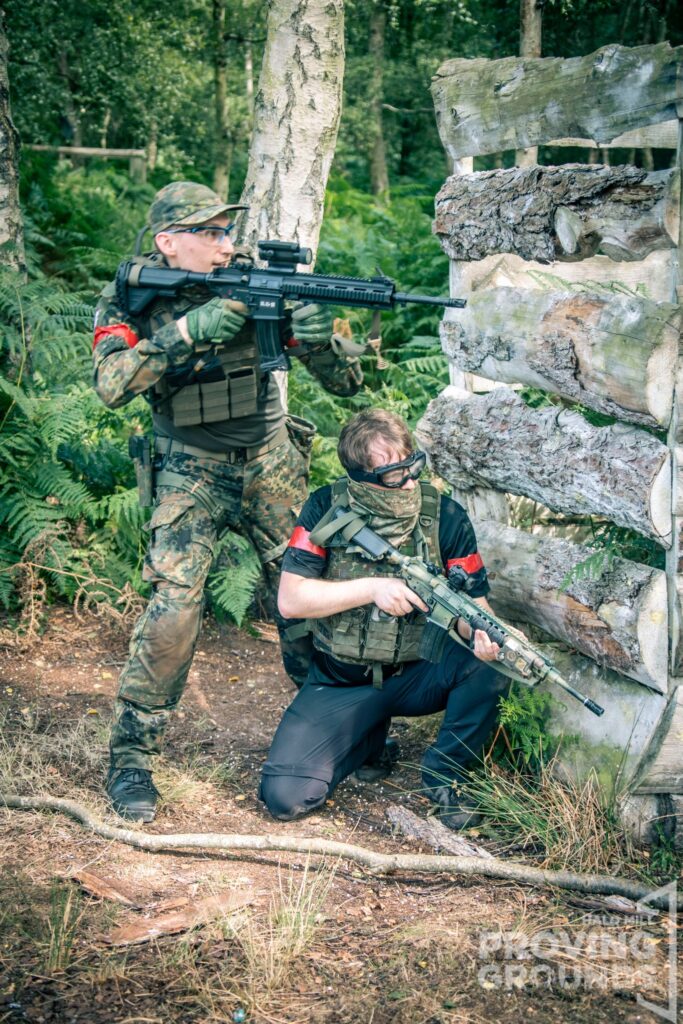 Halo Mill Proving Grounds Airsoft event at Yorkshire Outdoor Activity Park, two players each with a rifle