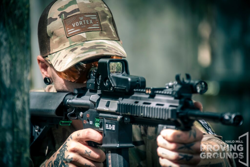 Halo Mill Proving Grounds Airsoft event at Yorkshire Outdoor Activity Park, player taking aim
