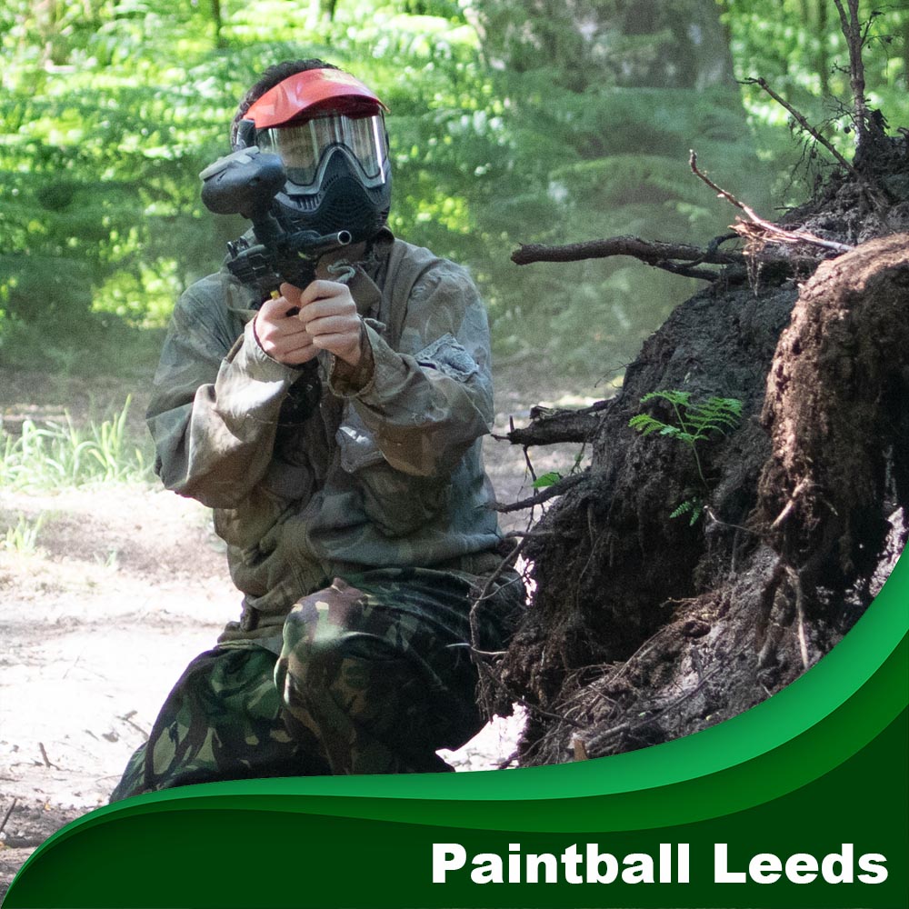 Paintball player in full gear at Yorkshire Outdoor Activity Park near Leeds