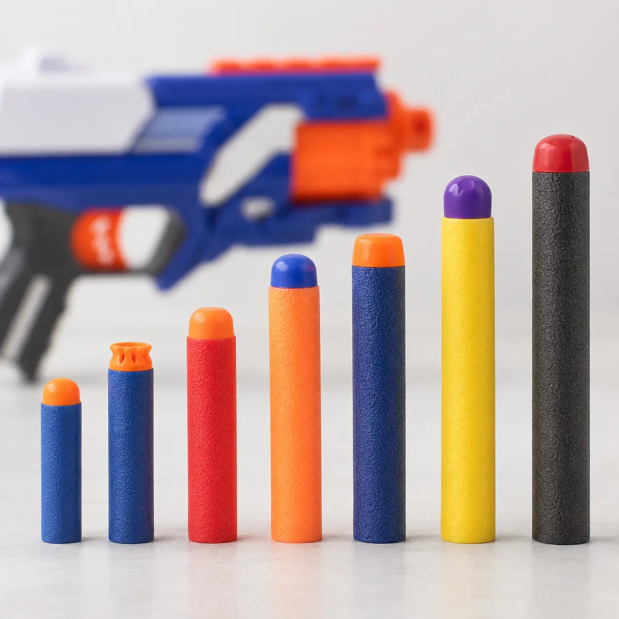 Different Nerf Darts styles arranged for compatibility comparison