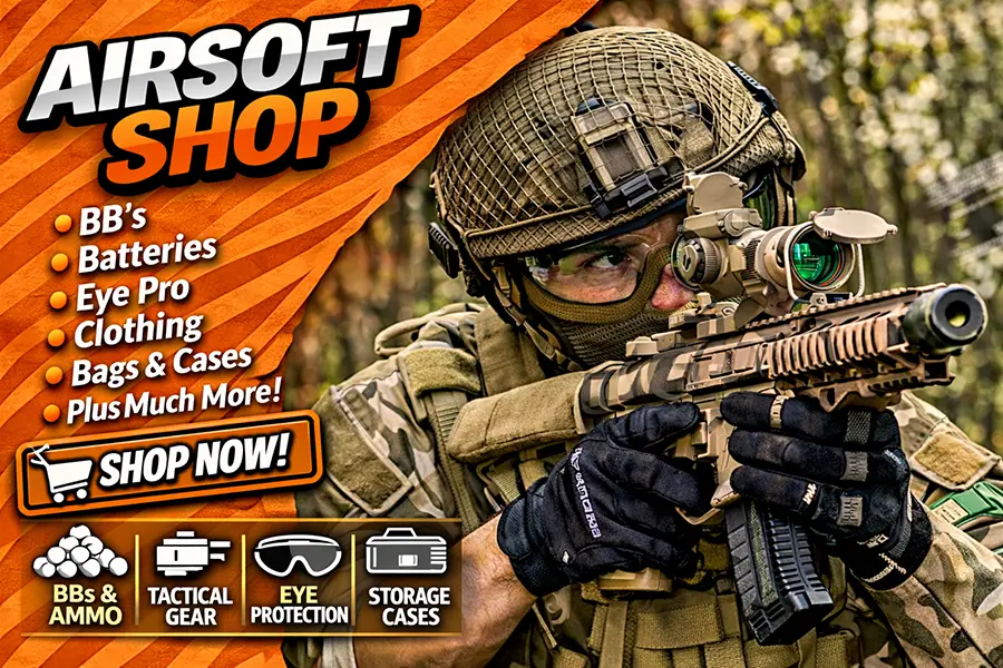 Airsoft player aiming a replica rifle, representing the Airsoft products section of the outdoor activity shop