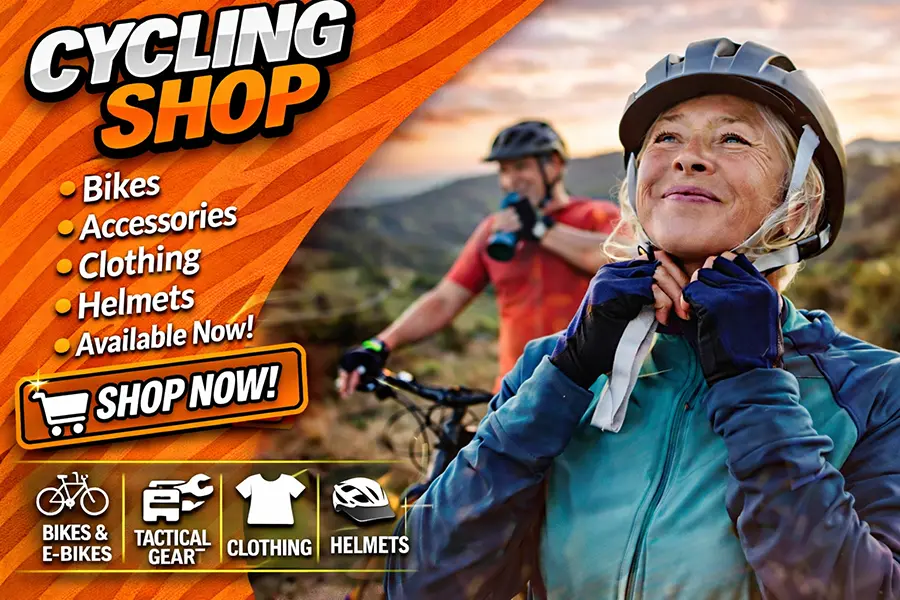 Two cyclists taking a break, with one removing her helmet and the other drinking while seated on a bike, representing the cycling products section of the shop