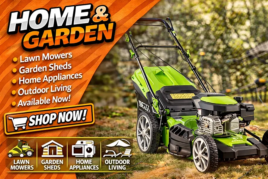 Lawnmower on grass image representing the home and garden category of the ypc.co.uk shop