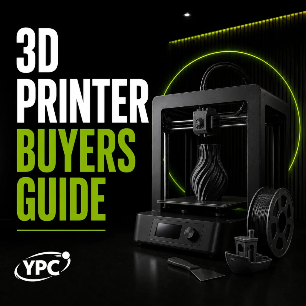 3D Printer Buyers Guide graphic with black filament printer, filament spool, printed models and YPC logo