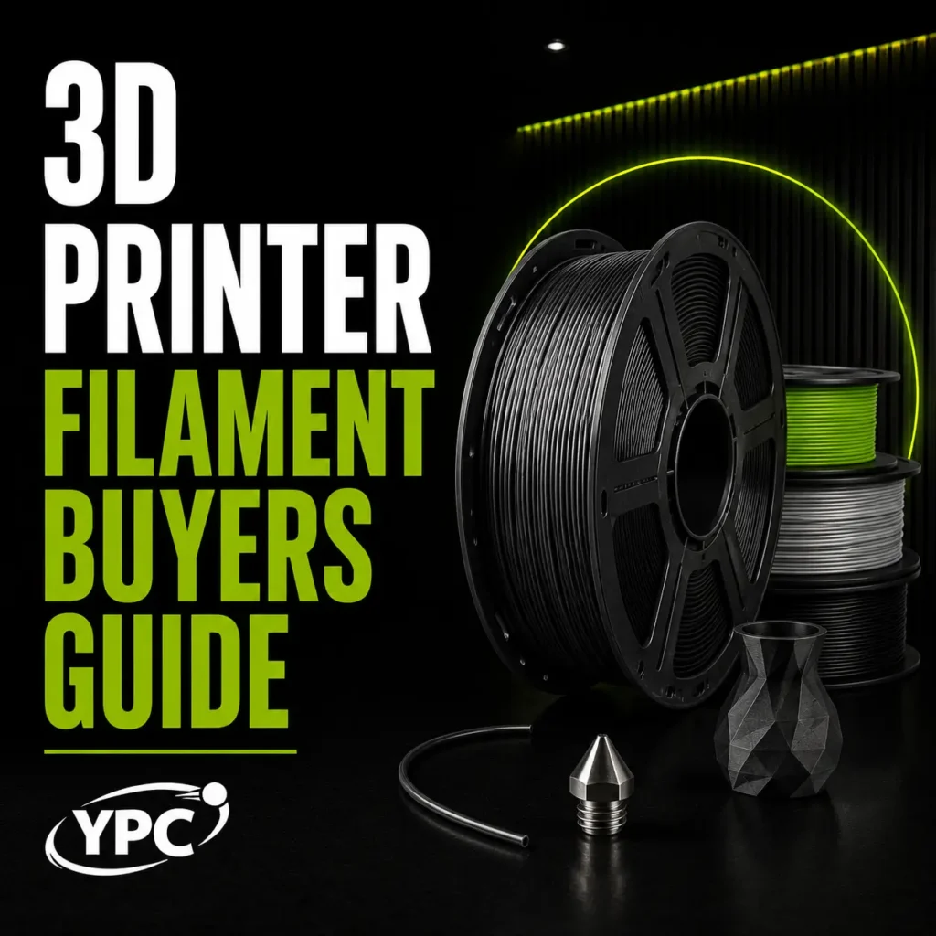 3D Printer Filament Buyers Guide graphic with filament spools, printer nozzle, printed model and YPC logo