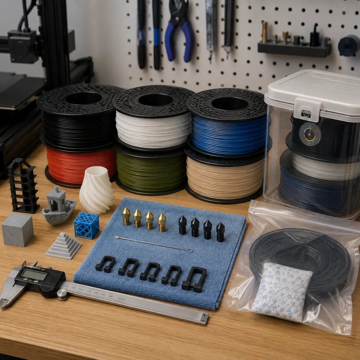 3D printer filament spools with nozzles, callipers, clips, dry storage and calibration accessories