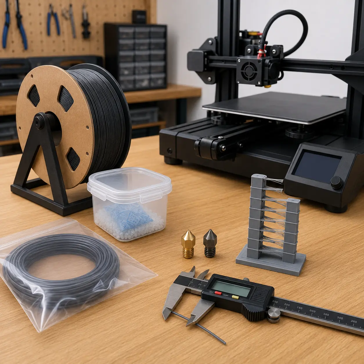 3D printer filament with callipers, nozzles, dry storage supplies and temperature calibration print