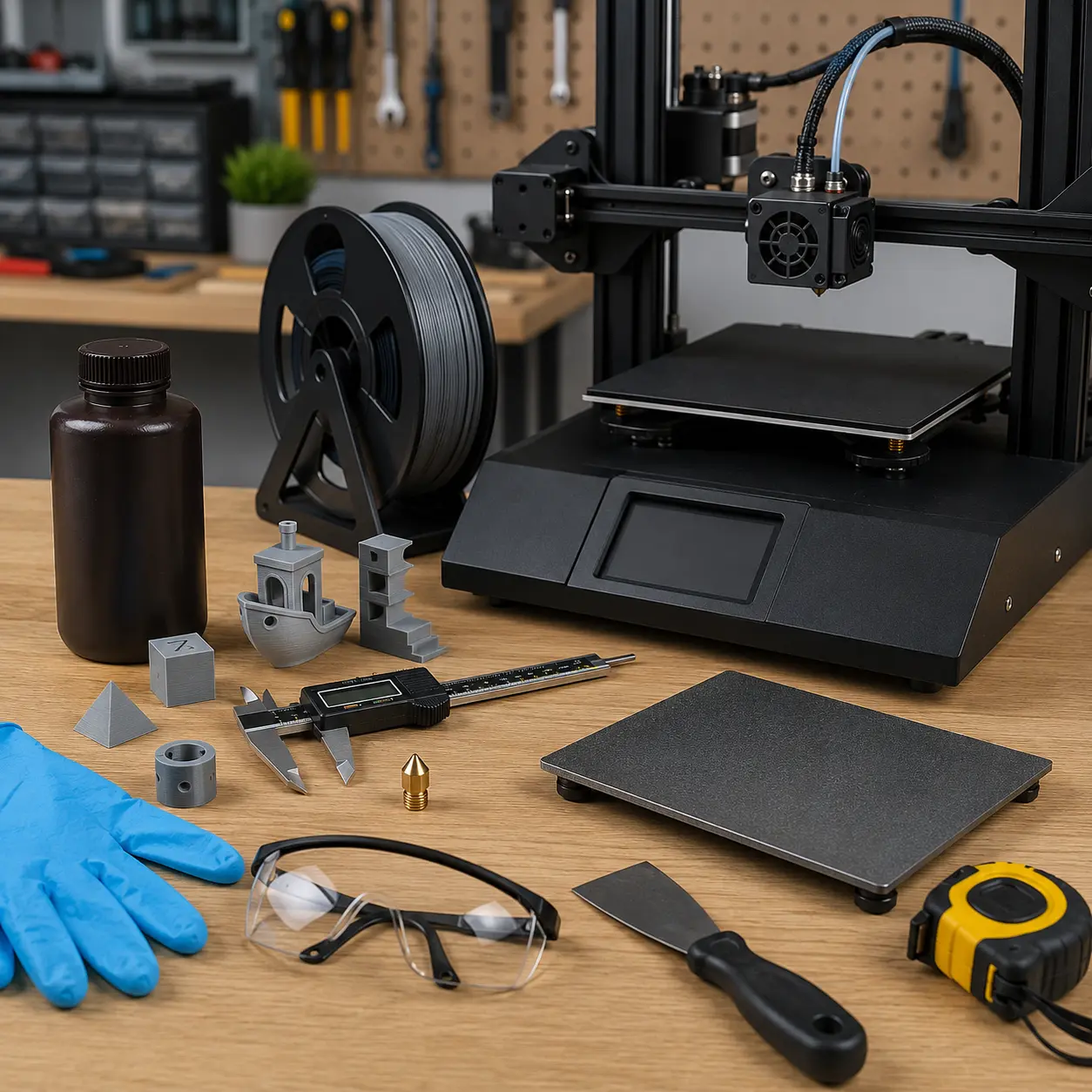 3D printer setup with filament, resin, callipers, nozzle, build plate, safety equipment and calibration prints