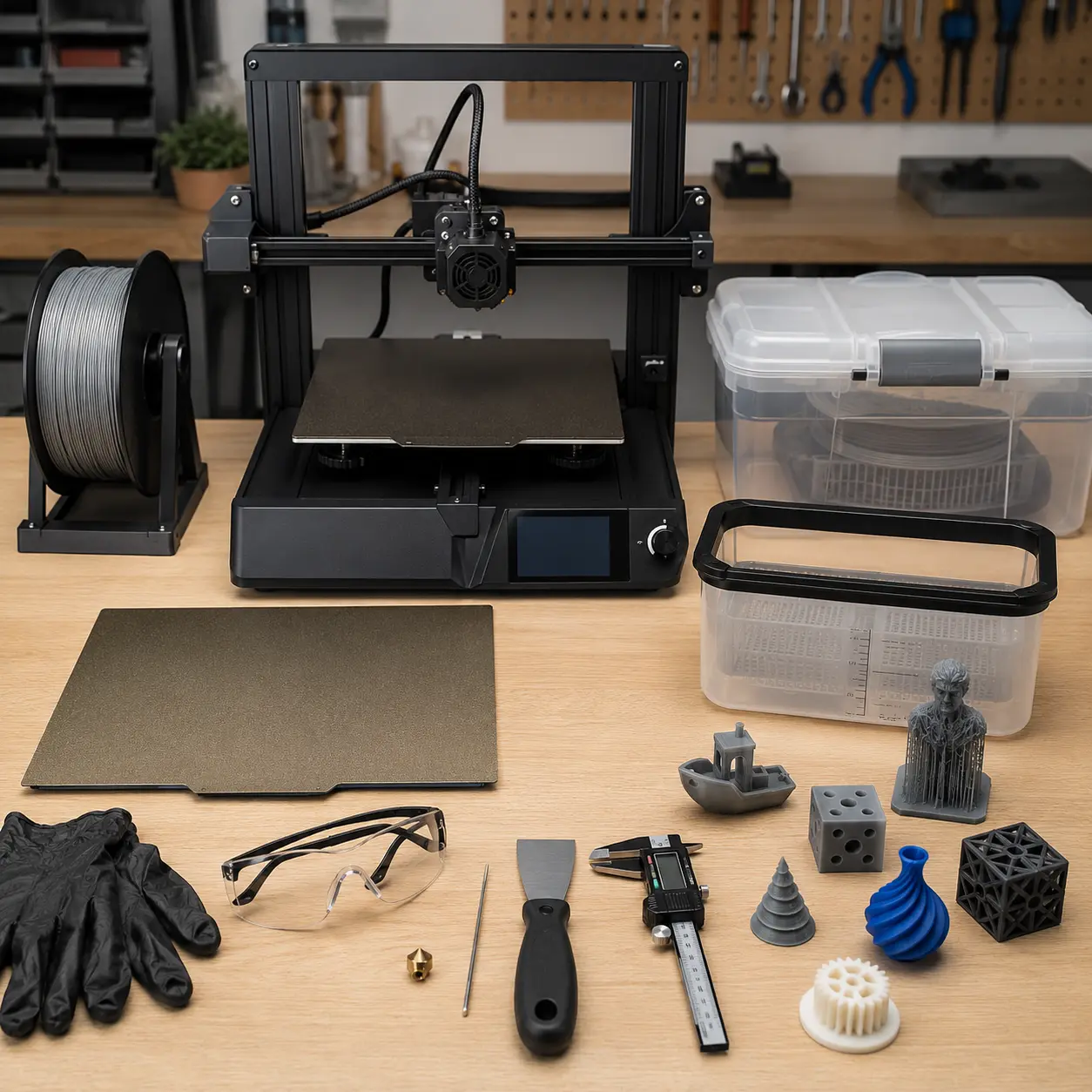 3D printer with filament, nozzle, build plate, tools, dry storage, safety equipment and test prints
