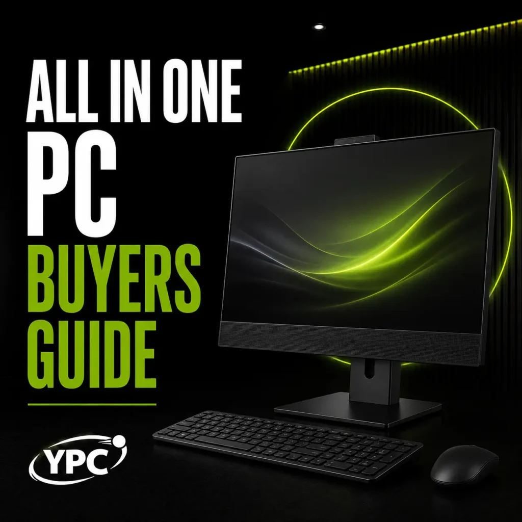 All In One PC Buyers Guide graphic with black all in one computer, keyboard, mouse and YPC logo