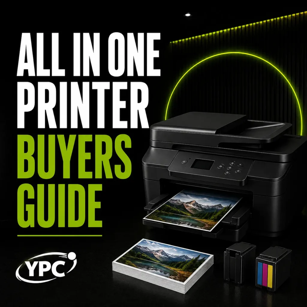 All in One Printer Buyers Guide graphic with black multifunction printer, printed photographs, ink cartridges and YPC logo