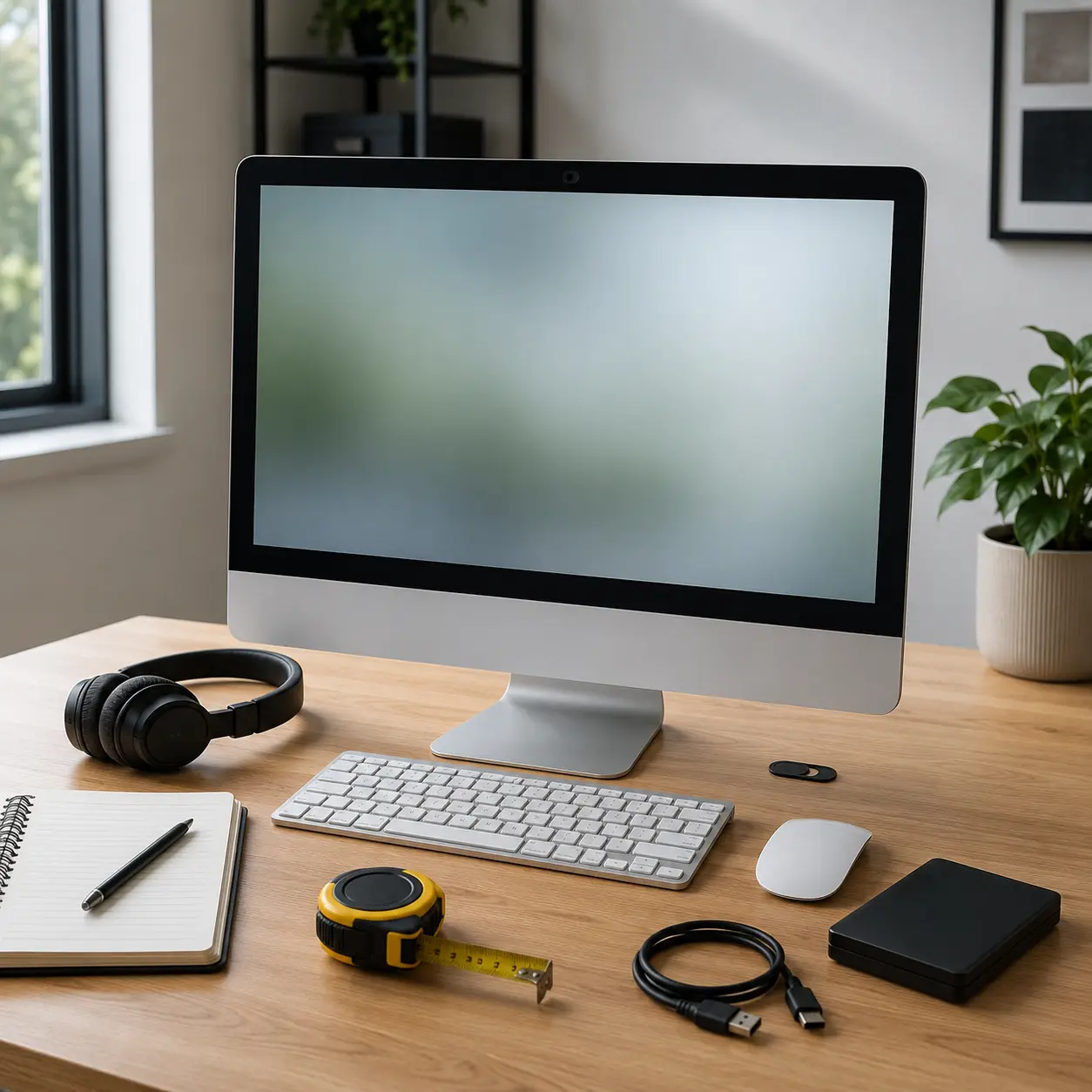 All in one PC setup with keyboard, mouse, tape measure, USB cable, external drive and headset