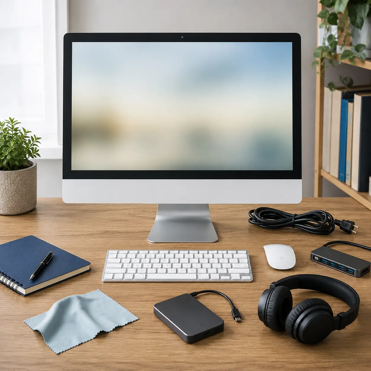 All in one PC with keyboard, mouse, USB hub, external SSD, headset, power cable and cleaning cloth
