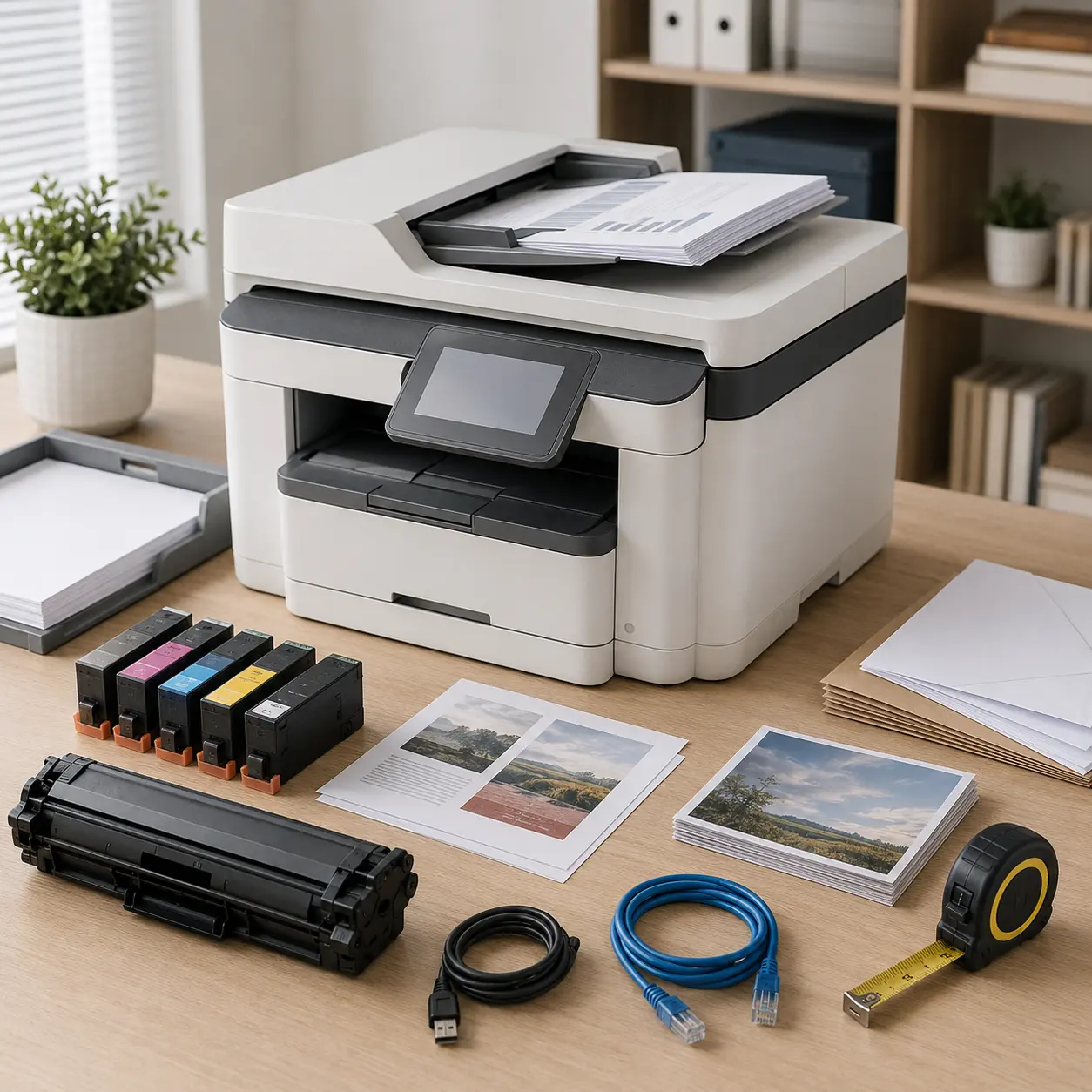 All in one printer with ink, toner, paper, cables, envelopes and documents in the automatic feeder
