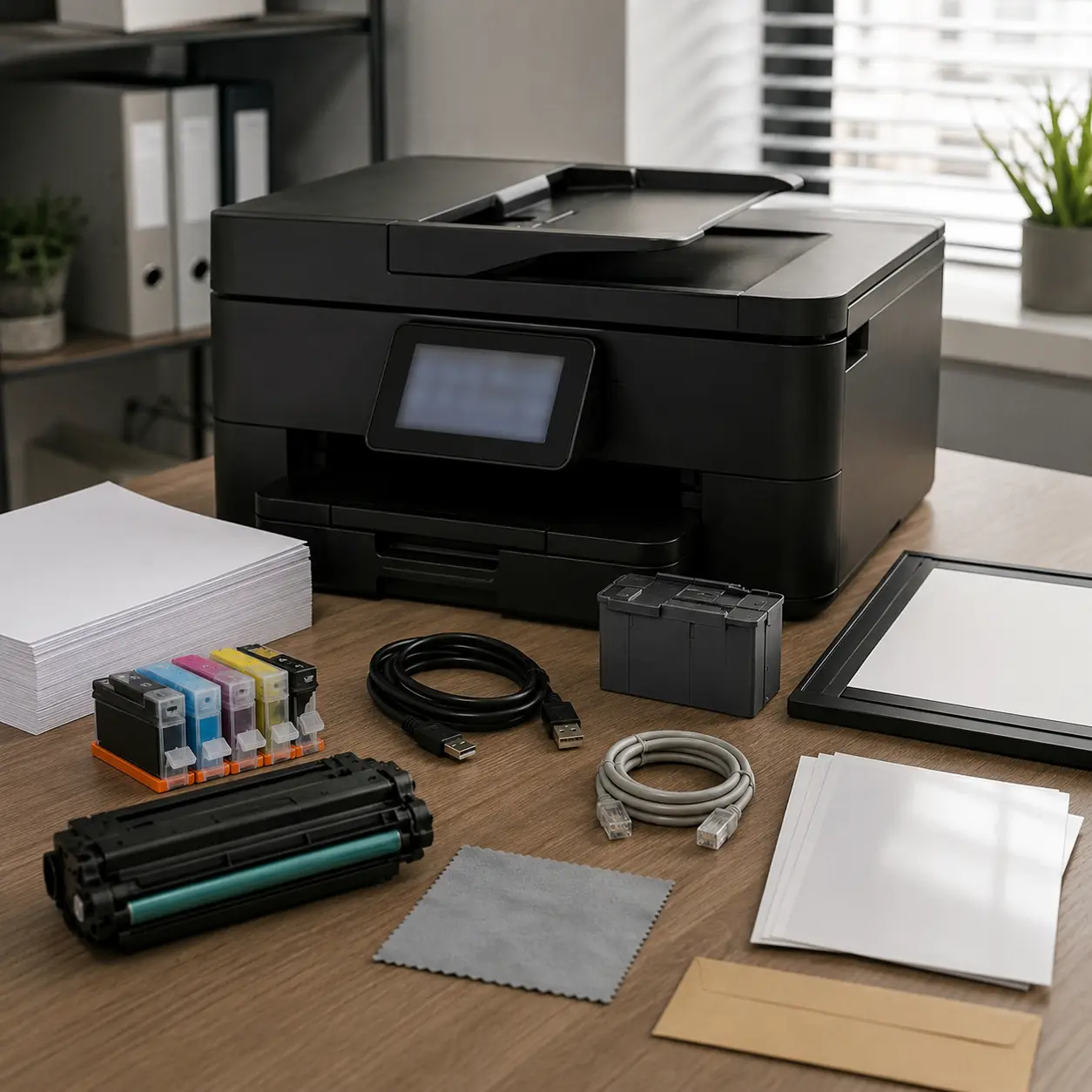 All in one printer with ink, toner, paper, cables, maintenance box and cleaning accessories