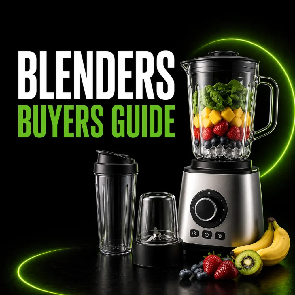 Blenders Buyers Guide graphic with jug blender, smoothie cup, fruit and YPC logo on a dark background