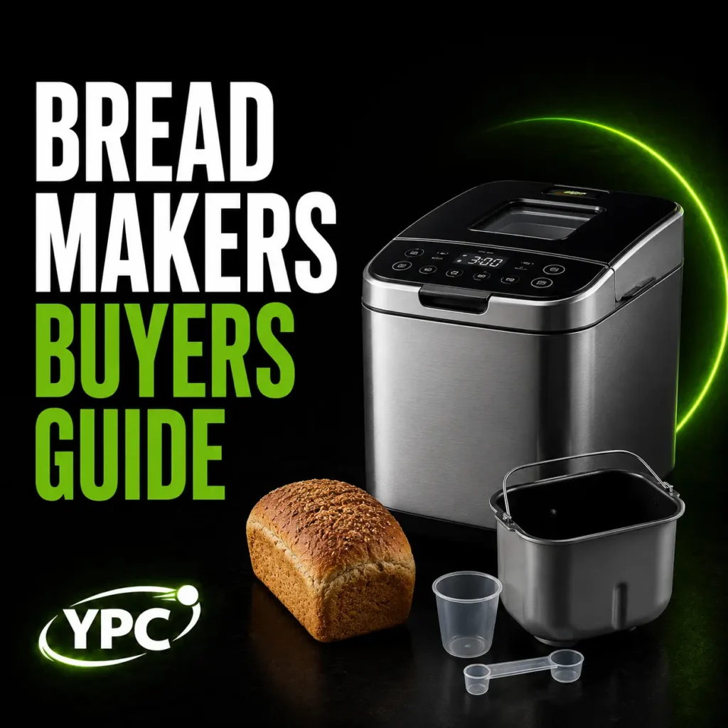 Bread Makers Buyers Guide graphic with bread maker, fresh loaf, bread pan, measuring accessories and YPC logo on a dark background