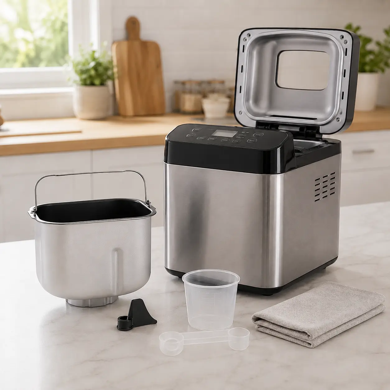 Bread maker with removable pan kneading paddle and measuring accessories for buyer checklist
