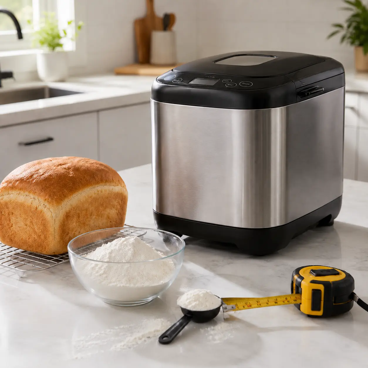 Bread maker with tape measure flour and loaf showing kitchen space planning