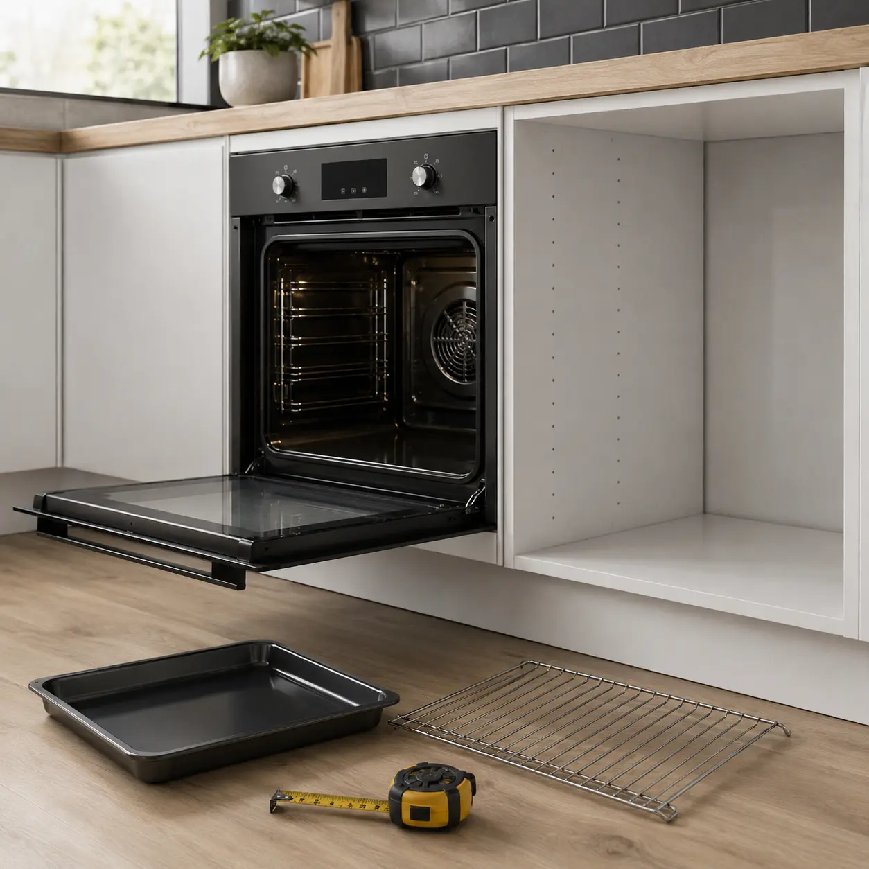Built in oven with open door measuring tape baking tray and shelf rack for buying checks