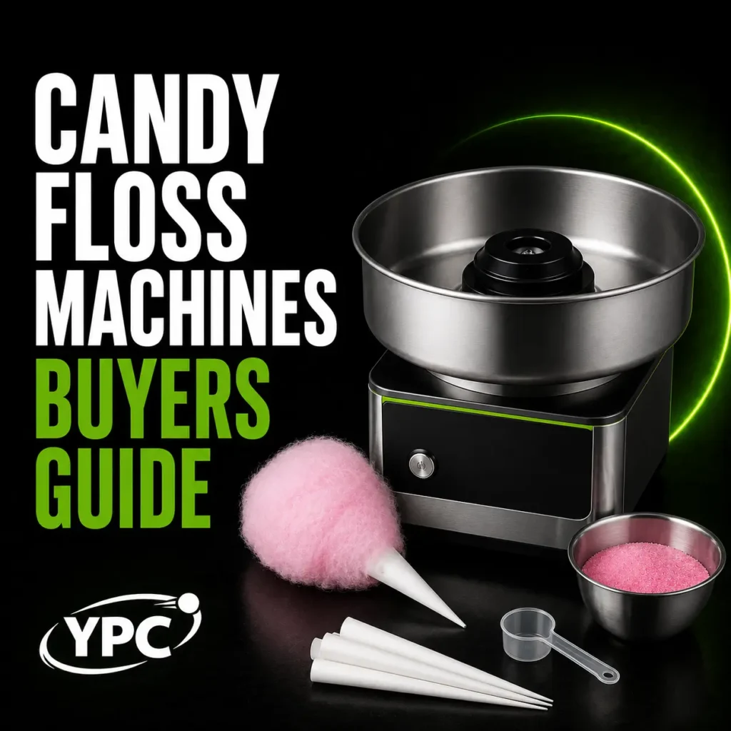 Candy Floss Machines Buyers Guide graphic with candy floss machine, pink candy floss, cones, sugar and YPC logo