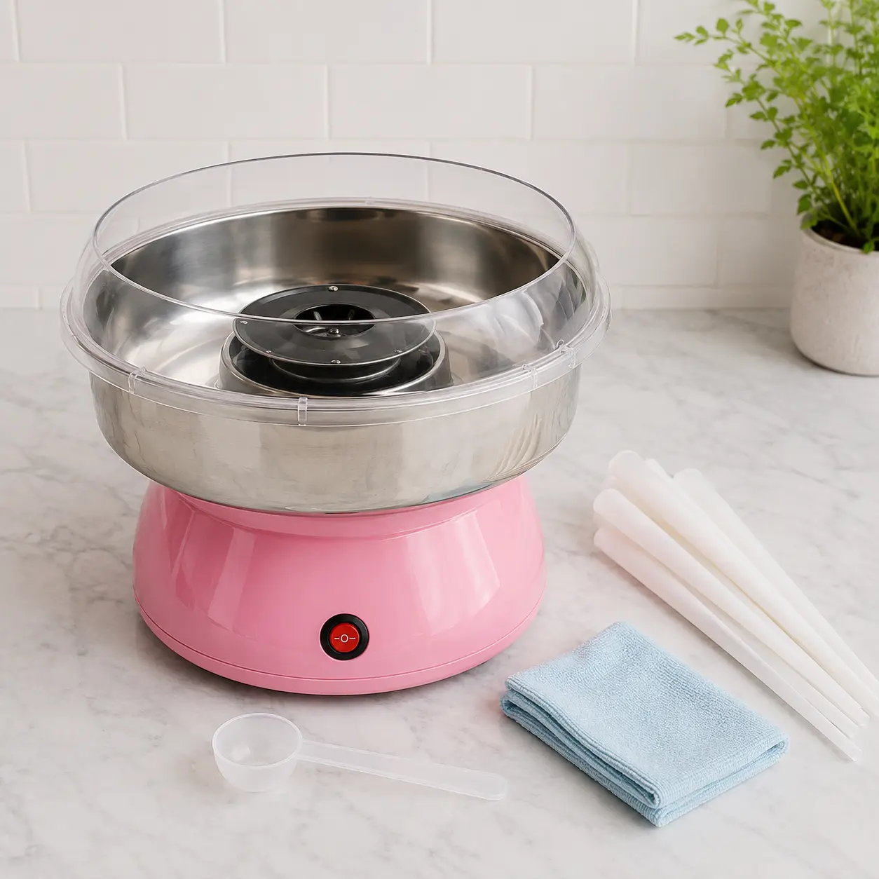 Candy floss machine with bowl splash guard cones and cleaning cloth for buyer checklist