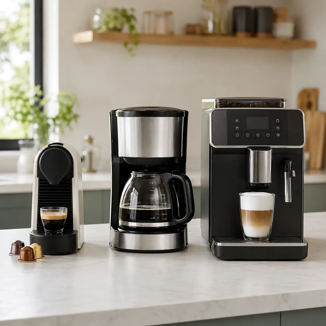 Capsule filter and bean to cup coffee machines compared on a kitchen worktop