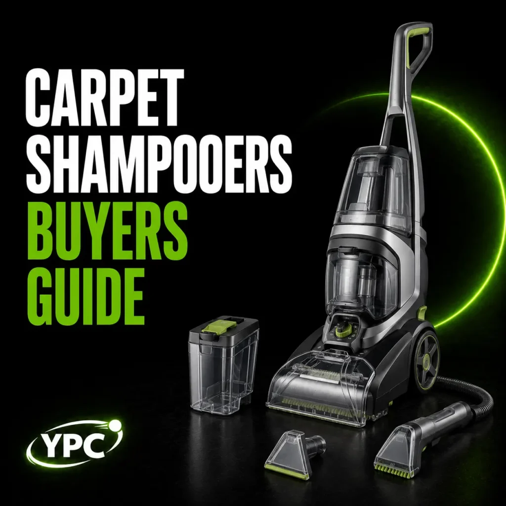 Carpet Shampooers Buyers Guide graphic with upright carpet shampooer, hose tools, removable tank and YPC logo on a dark background