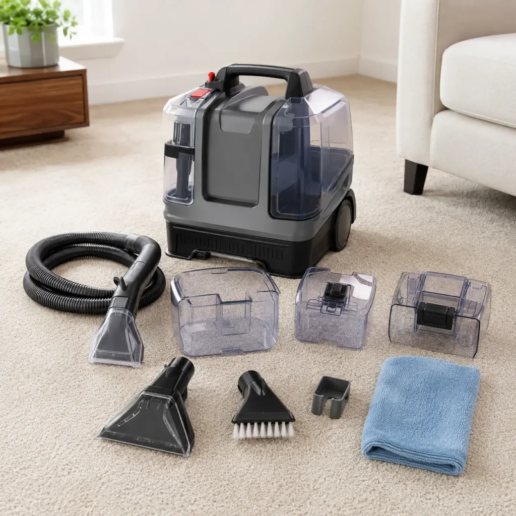 Carpet shampooer with removable tanks hose tool brush head and cleaning cloth for buyer checklist