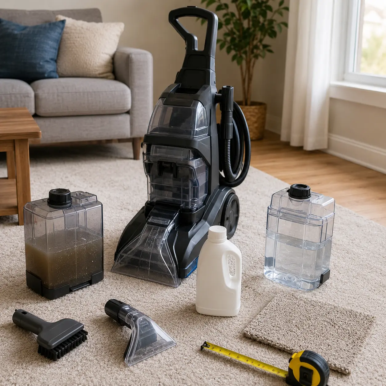 Carpet shampooer with tanks cleaning solution tape measure and rug sample for planning