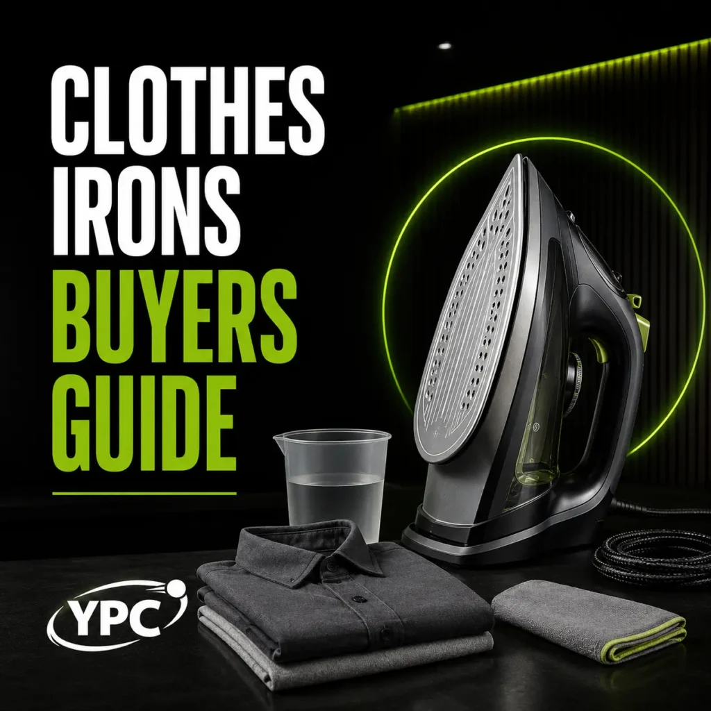 Clothes Irons Buyers Guide graphic with steam iron, folded shirt, water cup, cleaning cloth and YPC logo