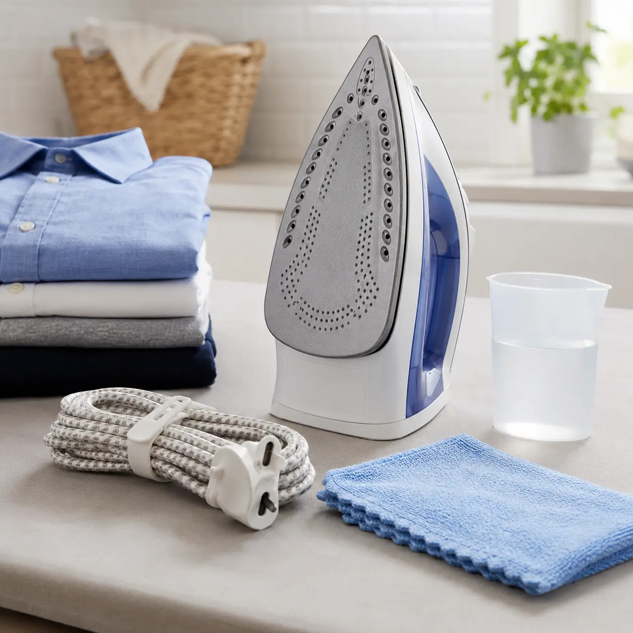 Clothes iron with water cup cord storage soleplate and folded laundry for buyer checklist