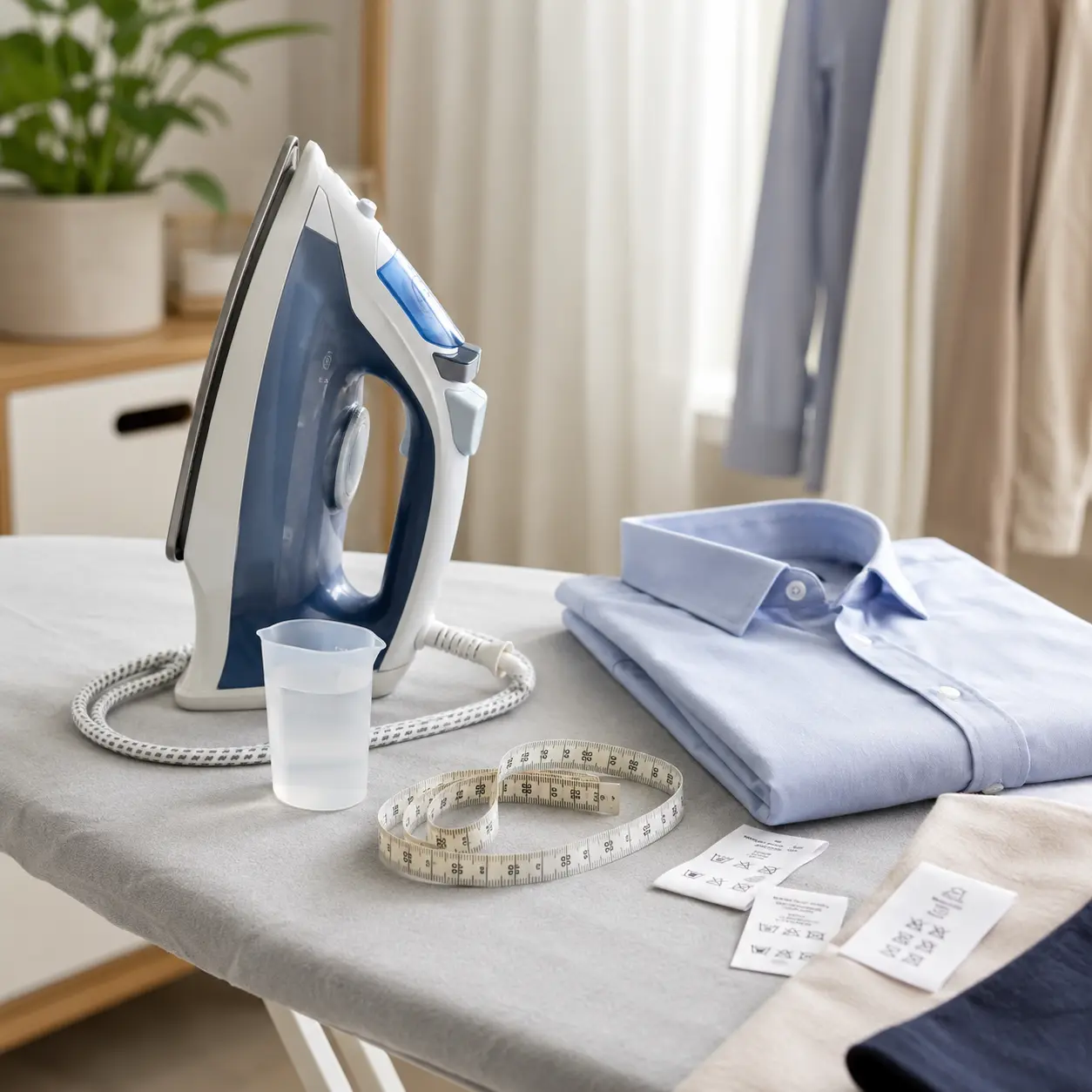 Clothes iron with water cup shirt care labels and measuring tape for buying checks