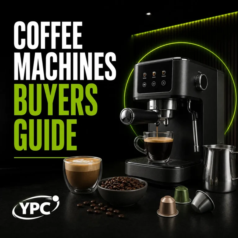 Coffee Machines Buyers Guide graphic with espresso machine, coffee beans, capsules, coffee cup and YPC logo