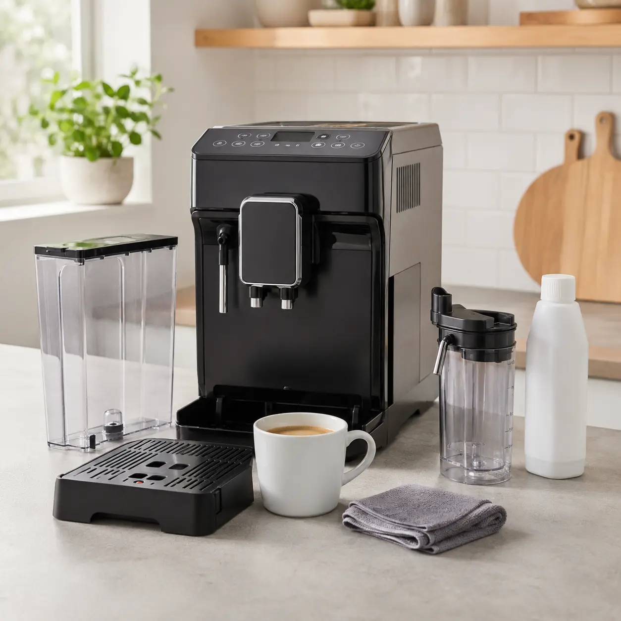 Coffee machine with water tank drip tray milk container and cleaning accessories for buyer checklist