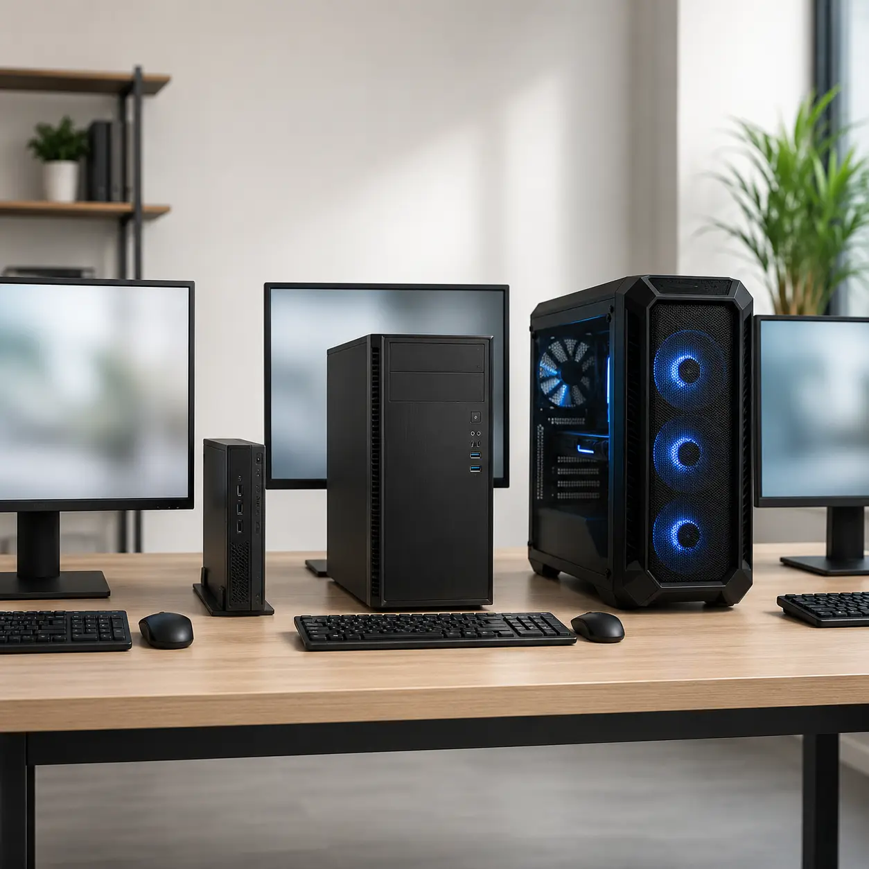 Compact business, traditional tower and gaming desktop PCs compared in a modern workspace