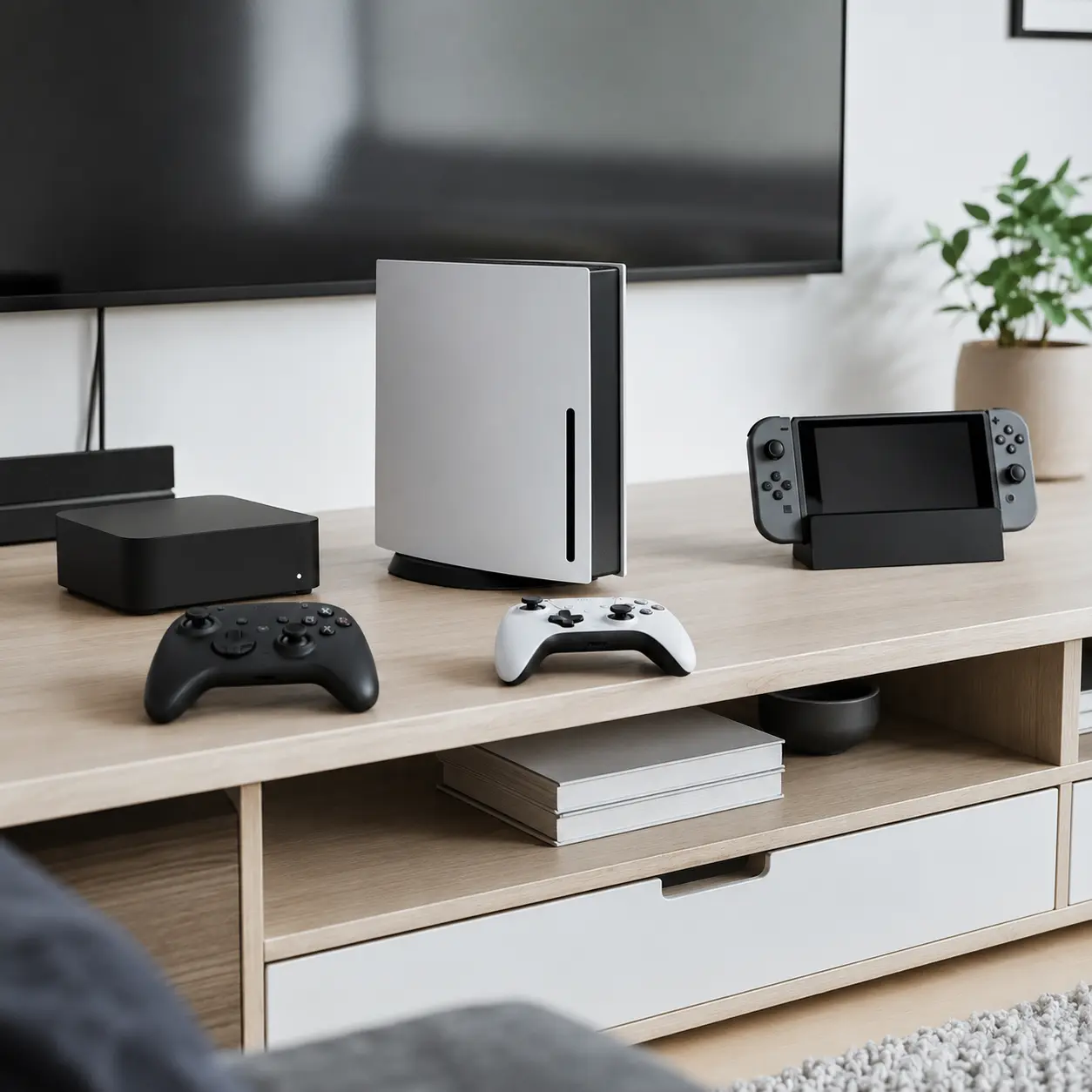 Compact digital, disc based and handheld hybrid games consoles compared on a modern media unit