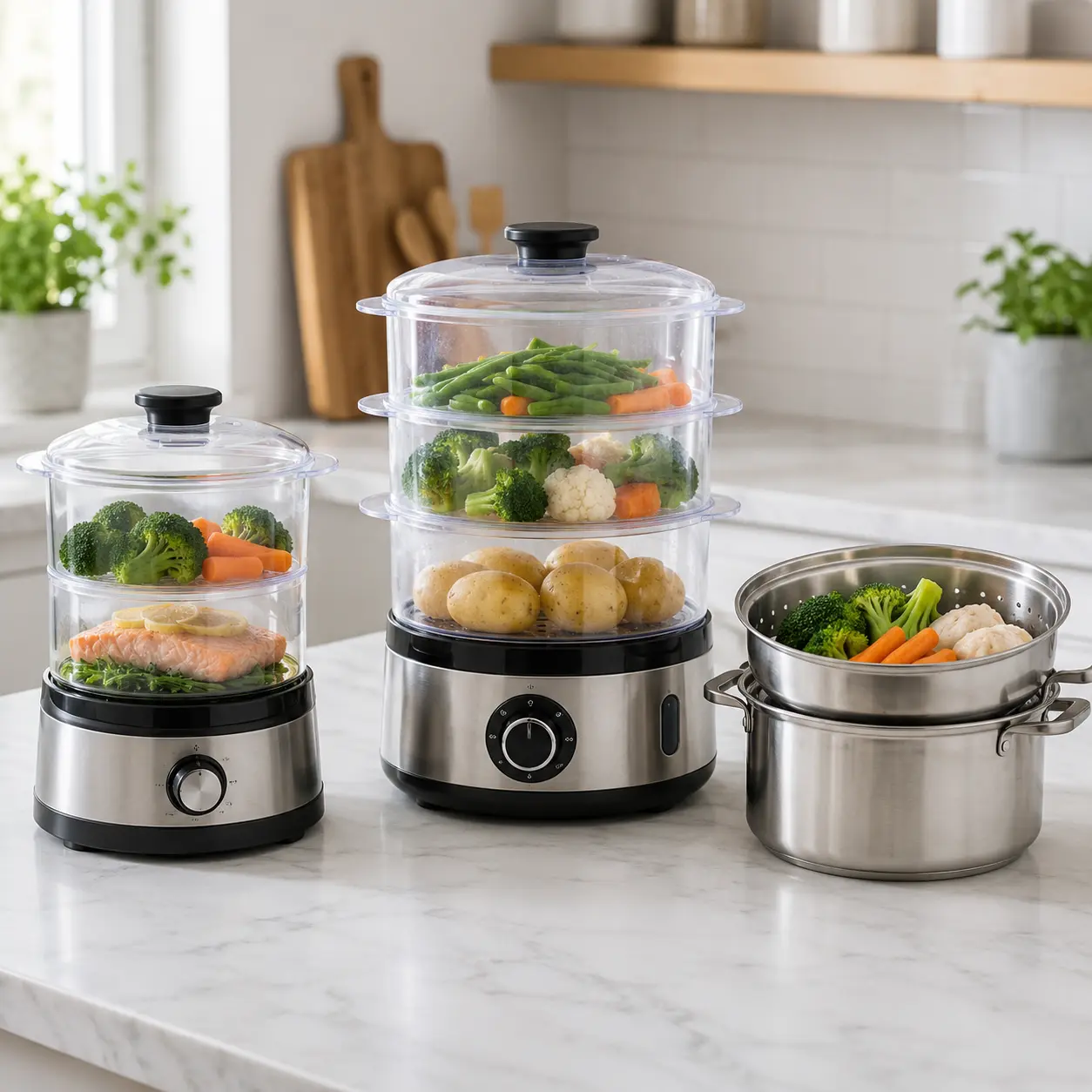 Compact electric multi tier and pan insert food steamers compared on a kitchen worktop