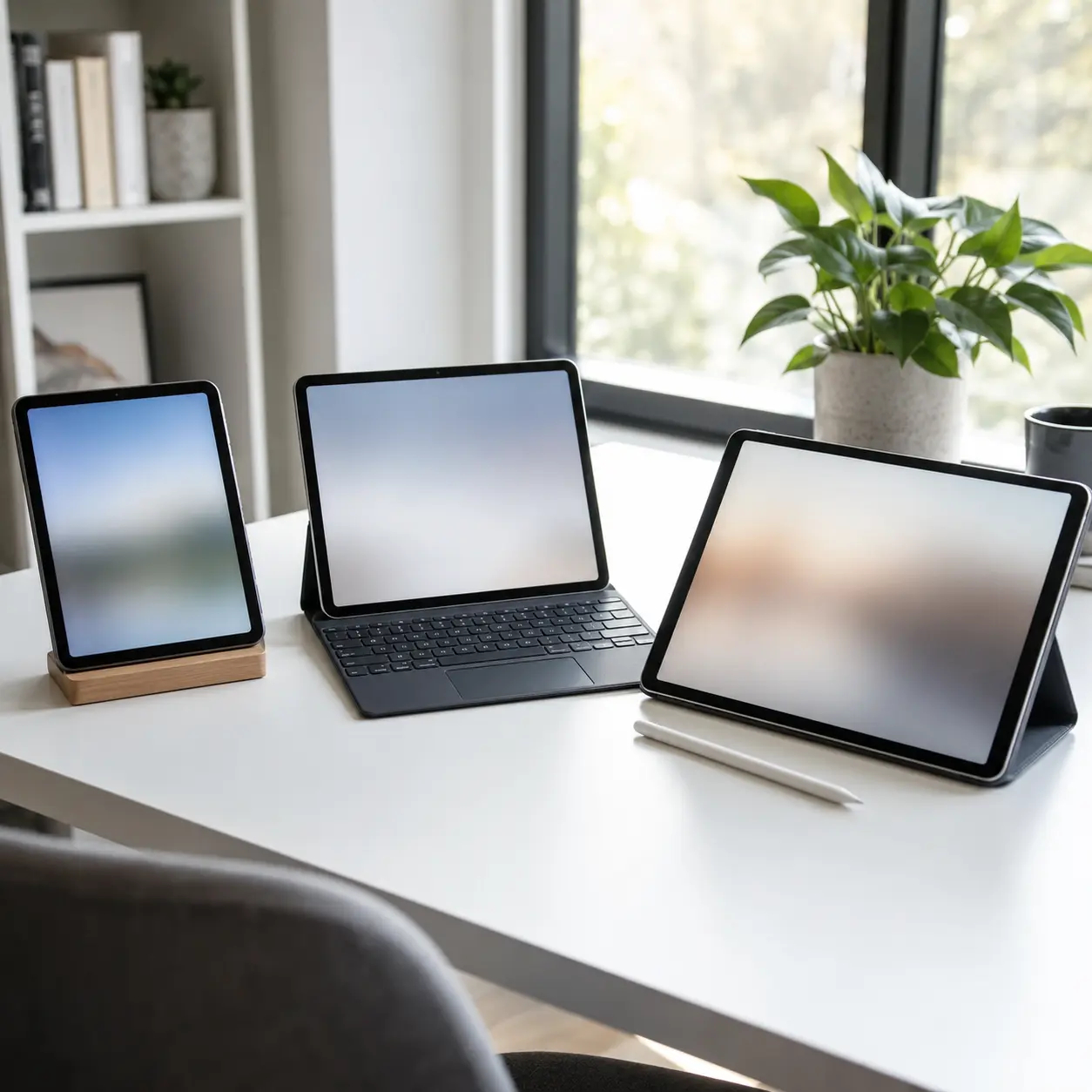 Compact everyday, business keyboard and larger creative tablets compared on a modern desk