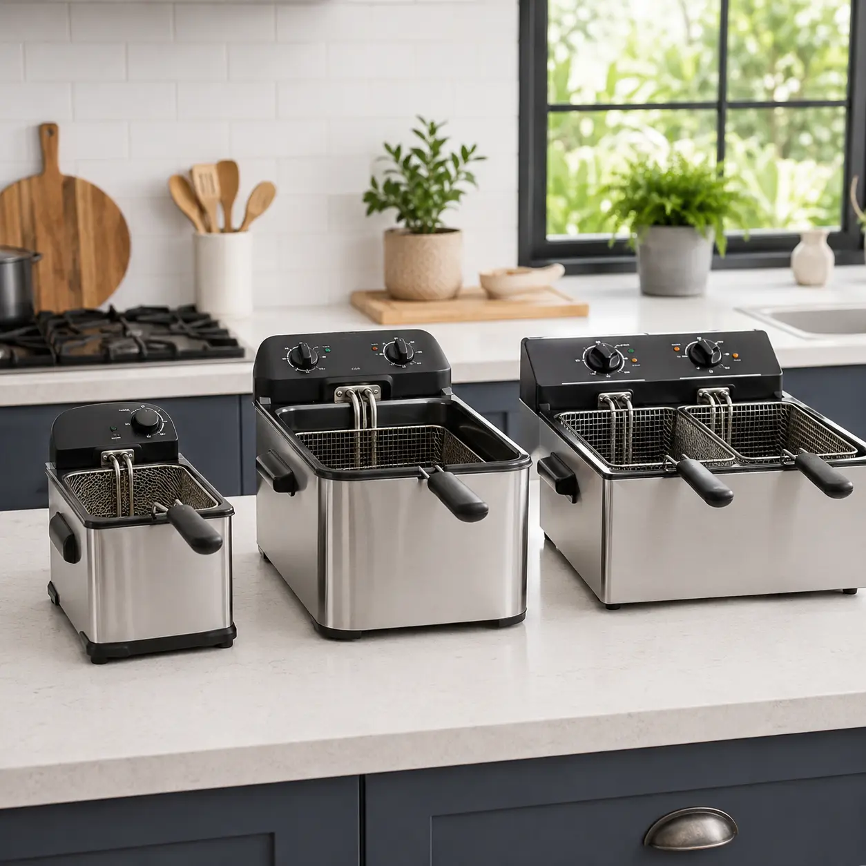 Compact family size and multi basket deep fat fryers compared on a kitchen worktop