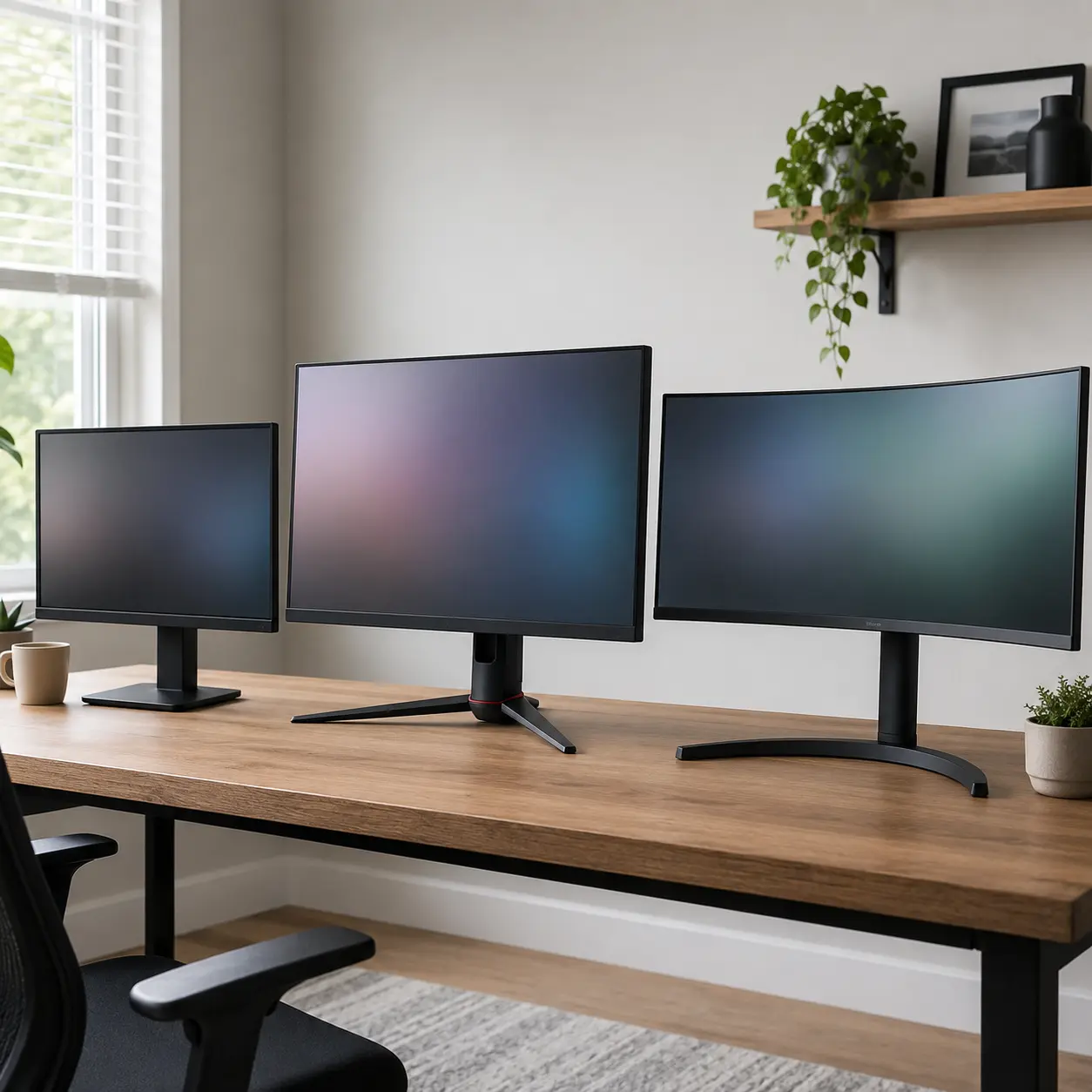 Compact office, gaming and curved ultrawide PC monitors compared on a modern desk