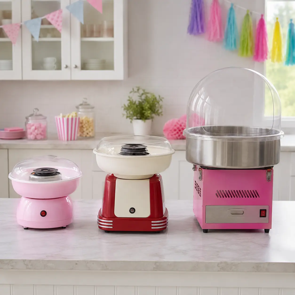 Compact retro and larger candy floss machines compared on a party table