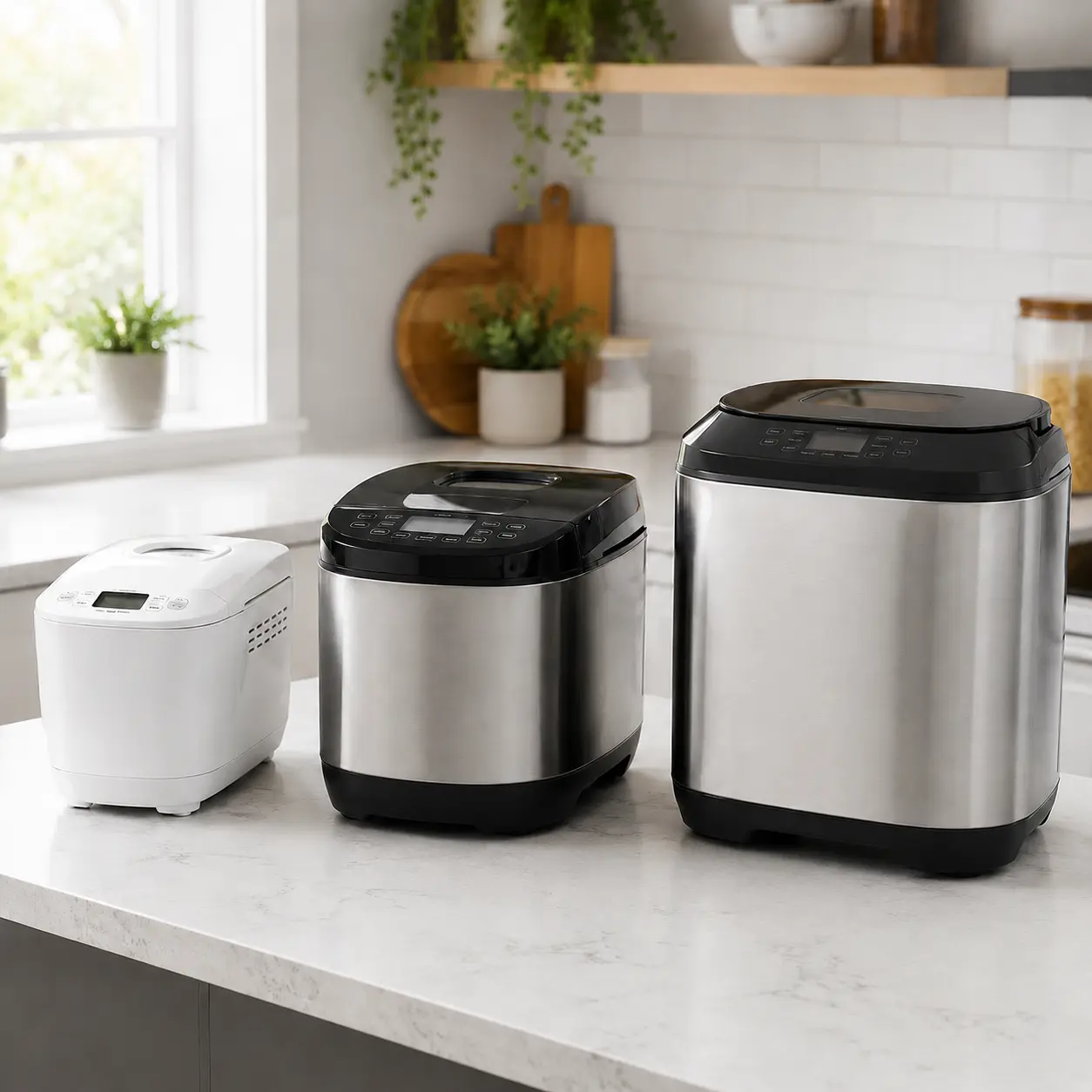 Compact standard and large bread makers compared on a kitchen worktop
