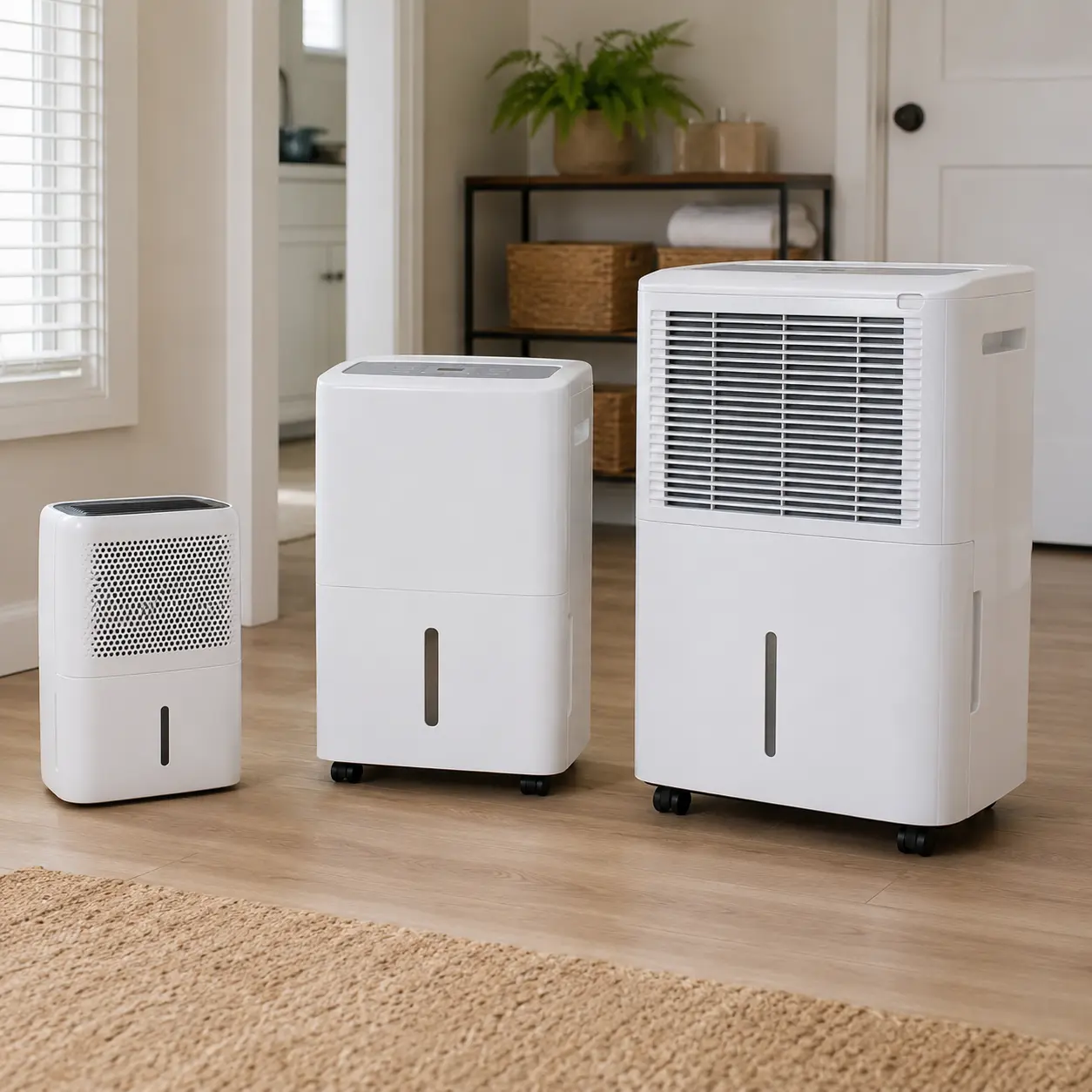 Compact standard and larger dehumidifiers compared on a clean home floor