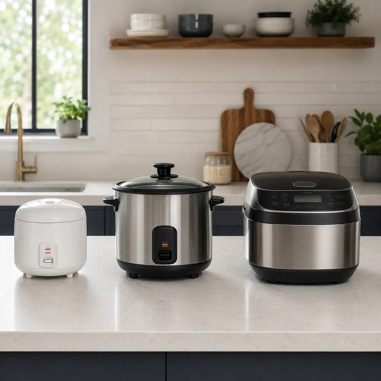 Compact standard and multi function rice cookers compared on a kitchen worktop