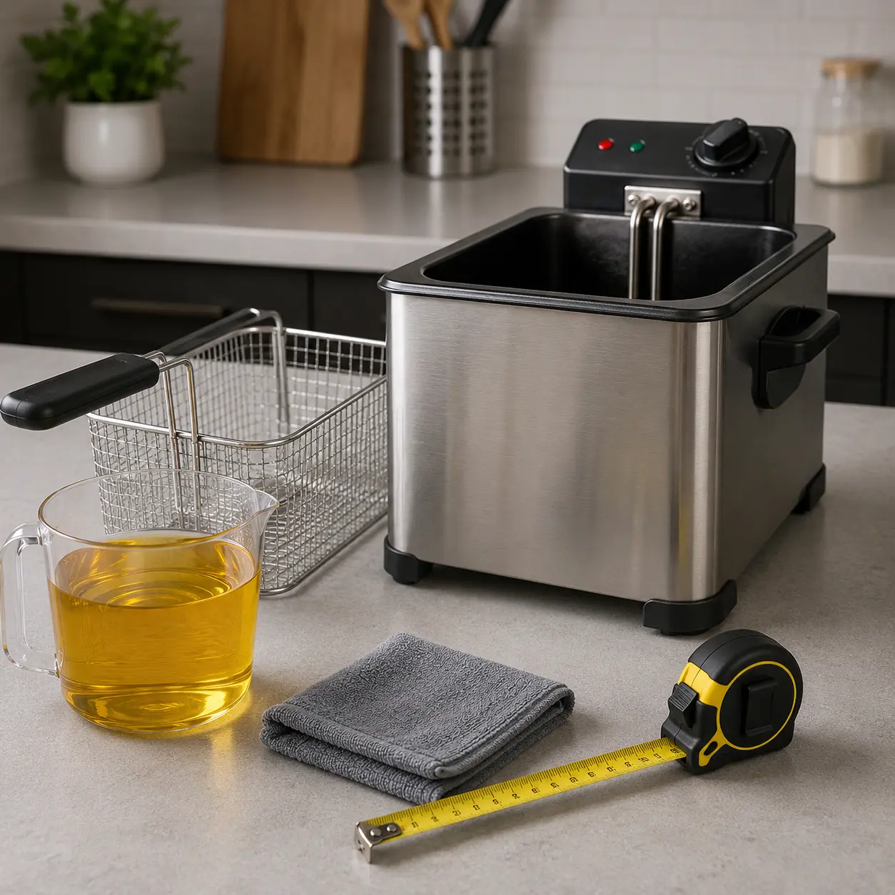 Deep fat fryer with oil jug basket cleaning cloth and tape measure for buying checks