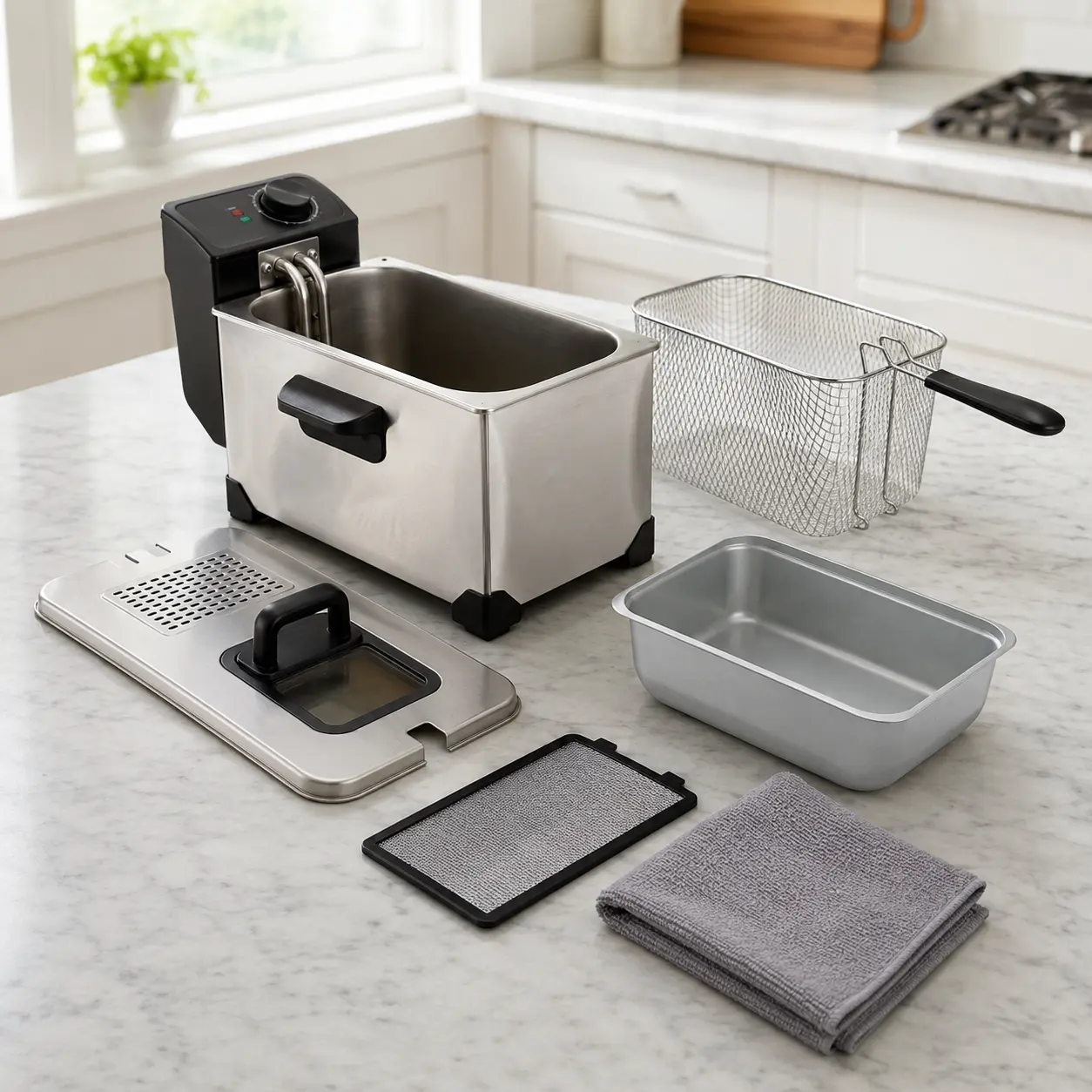 Deep fat fryer with removable basket lid oil container and cleaning cloth for buyer checklist
